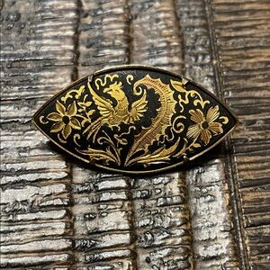 Vintage Damascene Black and Gold Enamel Floral Bird Brooch